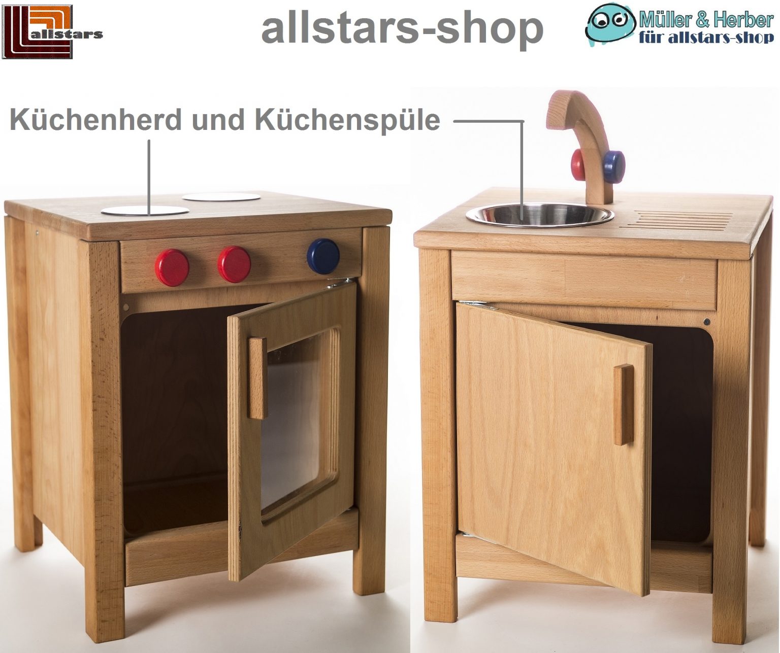Kinderküche Spielküche Herd mit Backofen + Spültisch-Schrank H = 45,5